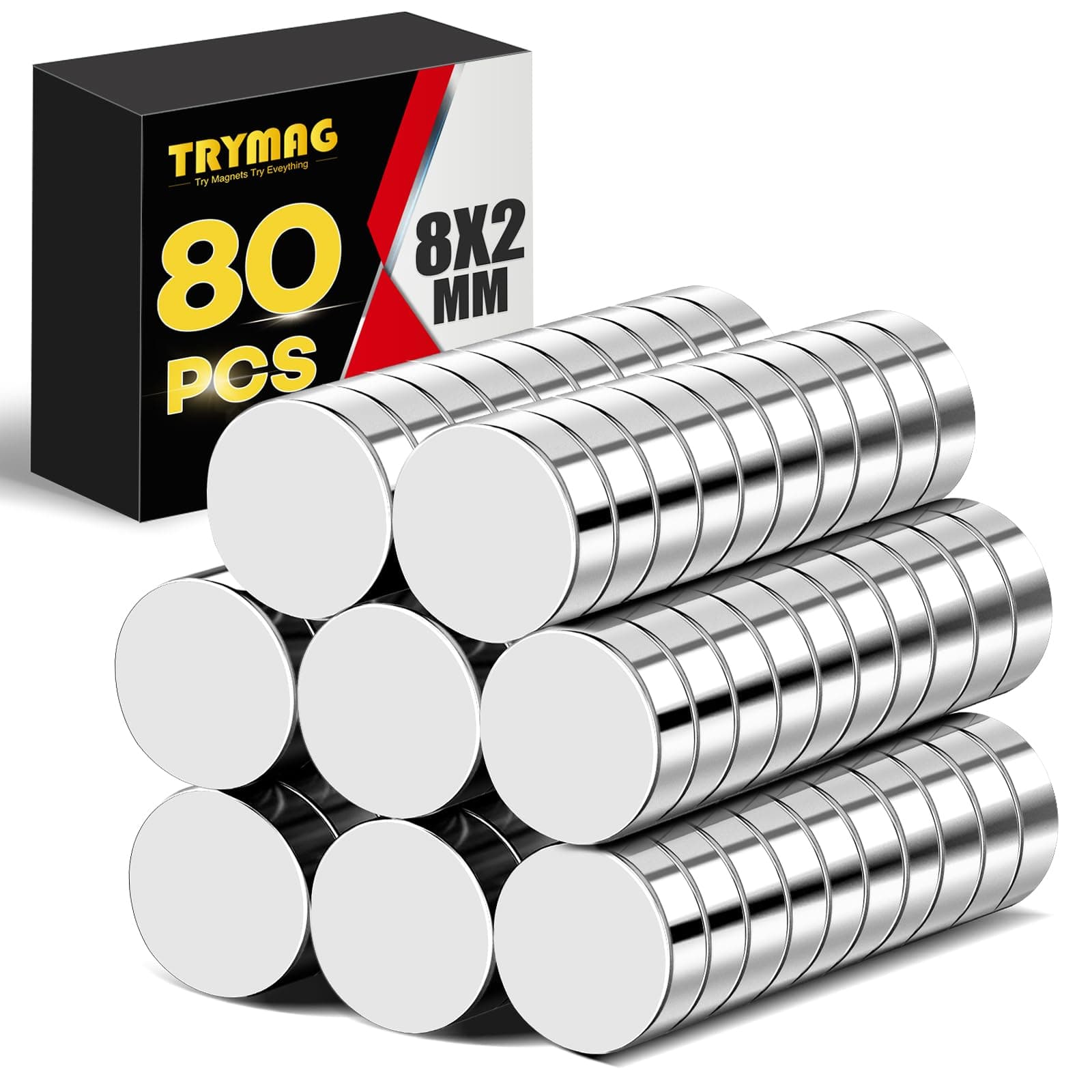 TRYMAG Small 8x2mm 80Pcs Round Magnets, Tiny Disc Magnets for Whiteboard, Fridge, Office, Hobbies, Crafts and Dry Erase Board