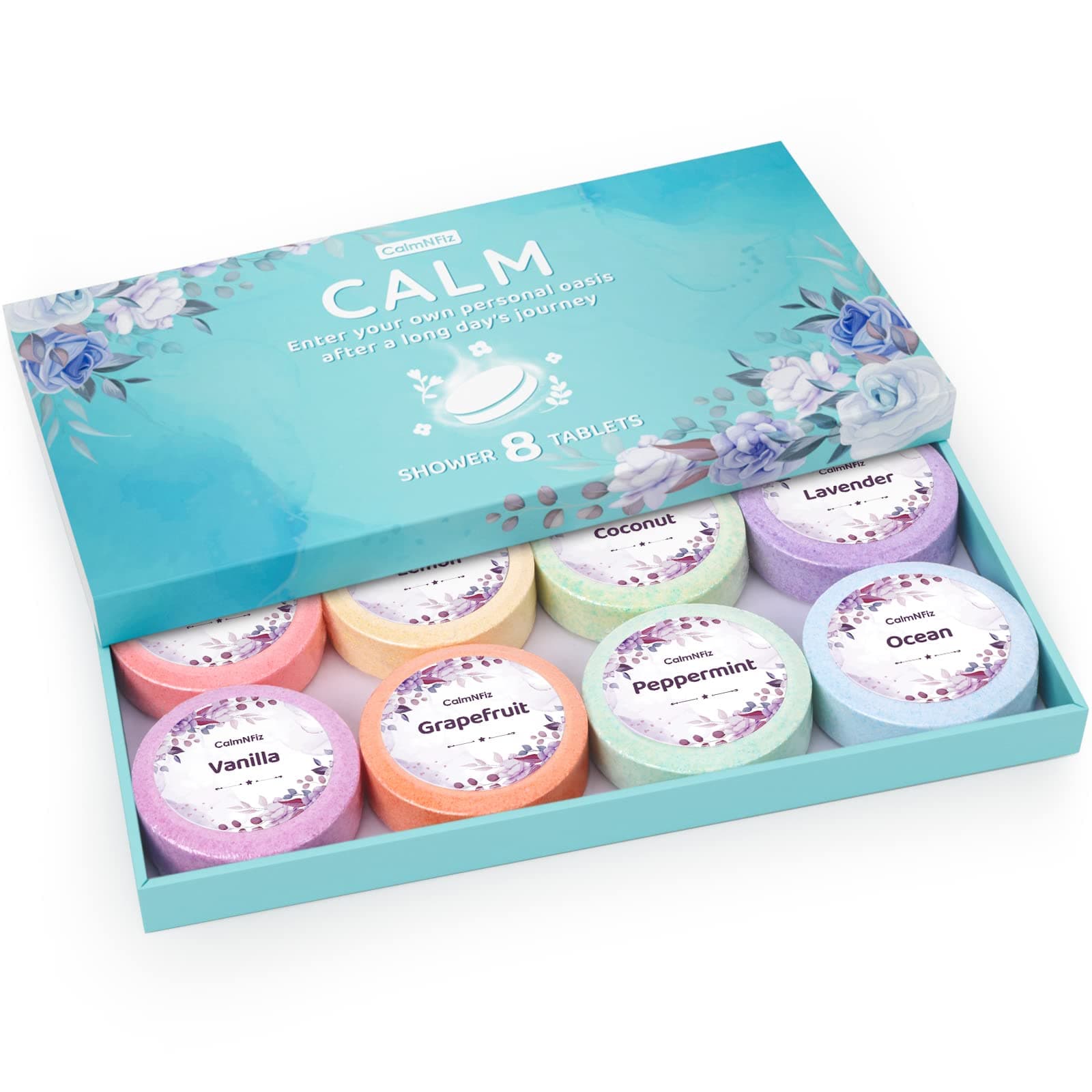 CalmNFiz Shower Steamers 8 Pack Set Shower Bombs Tablets in Box with 8 Fragrances with Shea Butter for Self-Care & Relaxation, Idea for Valentine's Day, Women and Men