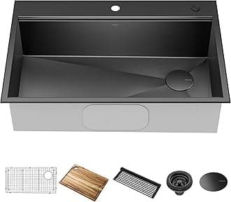 KRAUS Kore Workstation 33-inch Top Mount Drop-In 16 Gauge Black Stainless Steel Single Bowl Kitchen Sink in PVD Gunmetal Finish with Accessories, KWT310-33/PGM