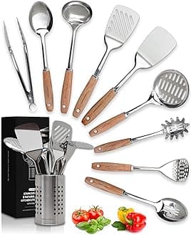 Stainless Steel Kitchen Utensils Set - Wood Handle Nonstick Stainless Steel Cooking Utensils Set - Heat Resistant Kitchen Essentials & Metal Kitchen Gadgets (Silver & Wood)