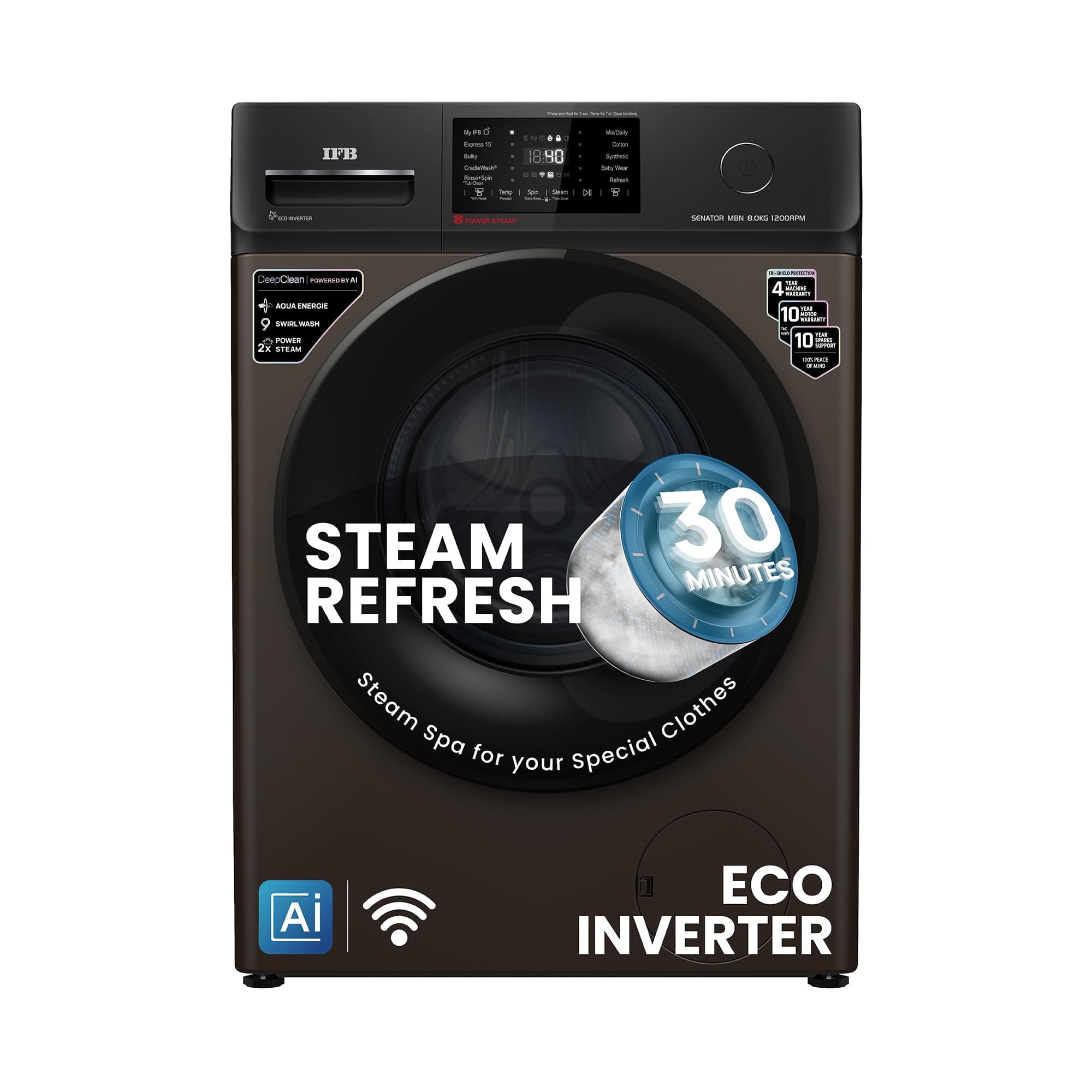 8 Kg 5 Star, DeepClean® Technology, AI Powered, WiFi, Fully Automatic Front Load Washing Machine (SENATOR MBN 8012 CMS, PowerSteam®, 9 Swirl, Steam Refresh, Inbuilt Heater, Eco Inverter, Mocha)