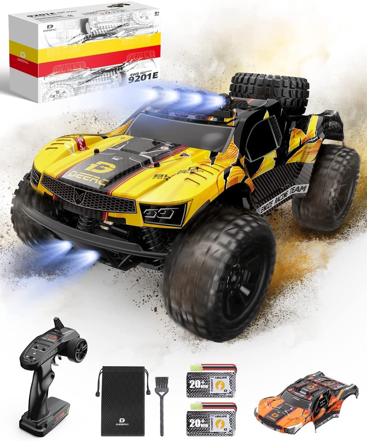 9201E 1:10 Large Remote Control Truck with Lights, Fast Short Course RC Car, 48 km/h 4x4 Off-Road Hobby Grade Toy Monster Crawler Electric Vehicle with 2 Rechargeable Batteries for Adult Kid Boy