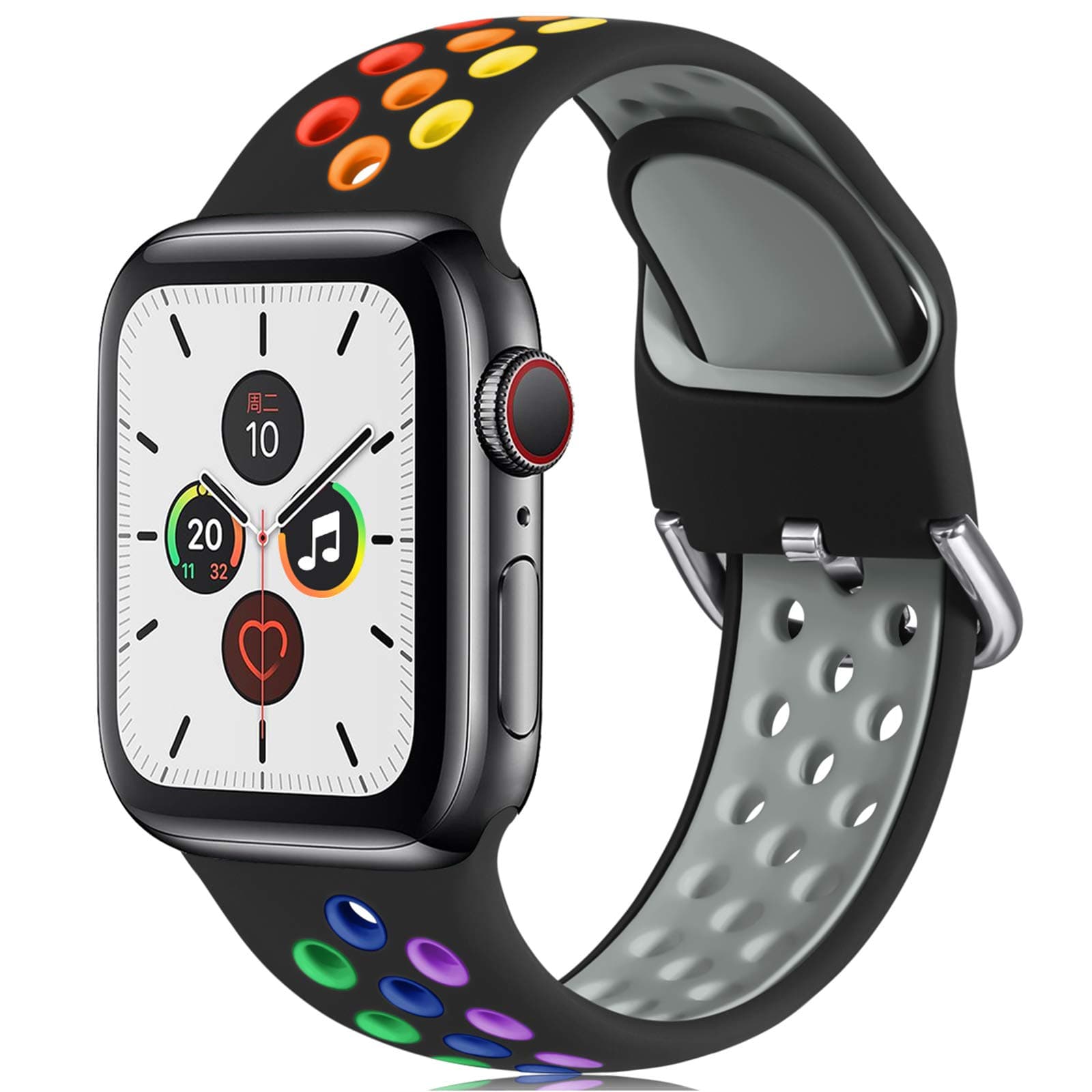 CeMiKa Strap Compatible with Apple Watch Strap 38mm 40mm 41mm 42mm 44mm 45mm, Soft Silicone Sport Wristband Compatible with iWatch Series 7 6 5 4 3 2 1 SE, 42mm/44mm/45mm-M/L, Black/Colorful