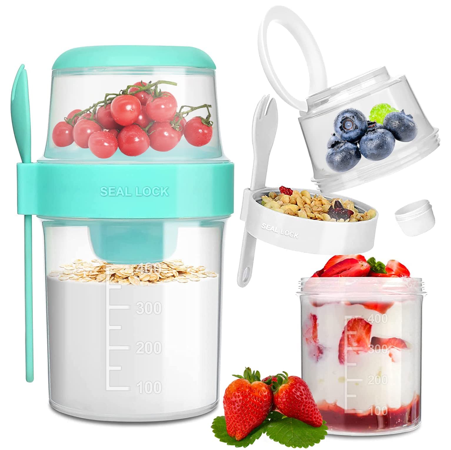 Angju Overnight Oats Container 26oz 2 Pack, 2- Tier With Lid And Spoon, Yogurt Oatmeal Container On The Go, Oats Jars With Lid, Crunch Cup Portable Cereal And Milk To Go Container