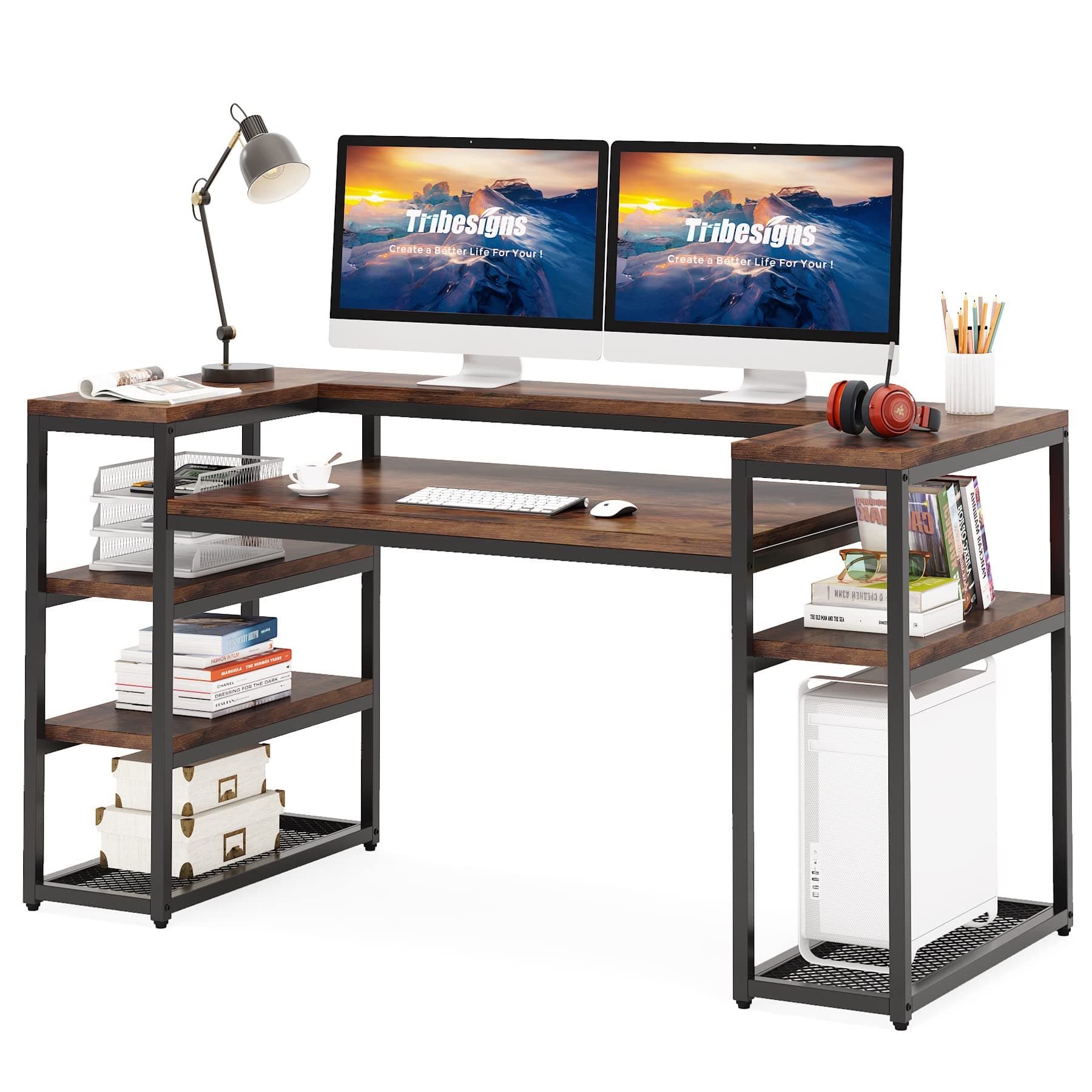 Tribesigns 63 Inches Computer Desk with Open Storage Shelves, Large Office Desk with Monitor Shelf & CPU Stand, Study Writing Table Workstation with Printer Stand for Home Office(Brown)