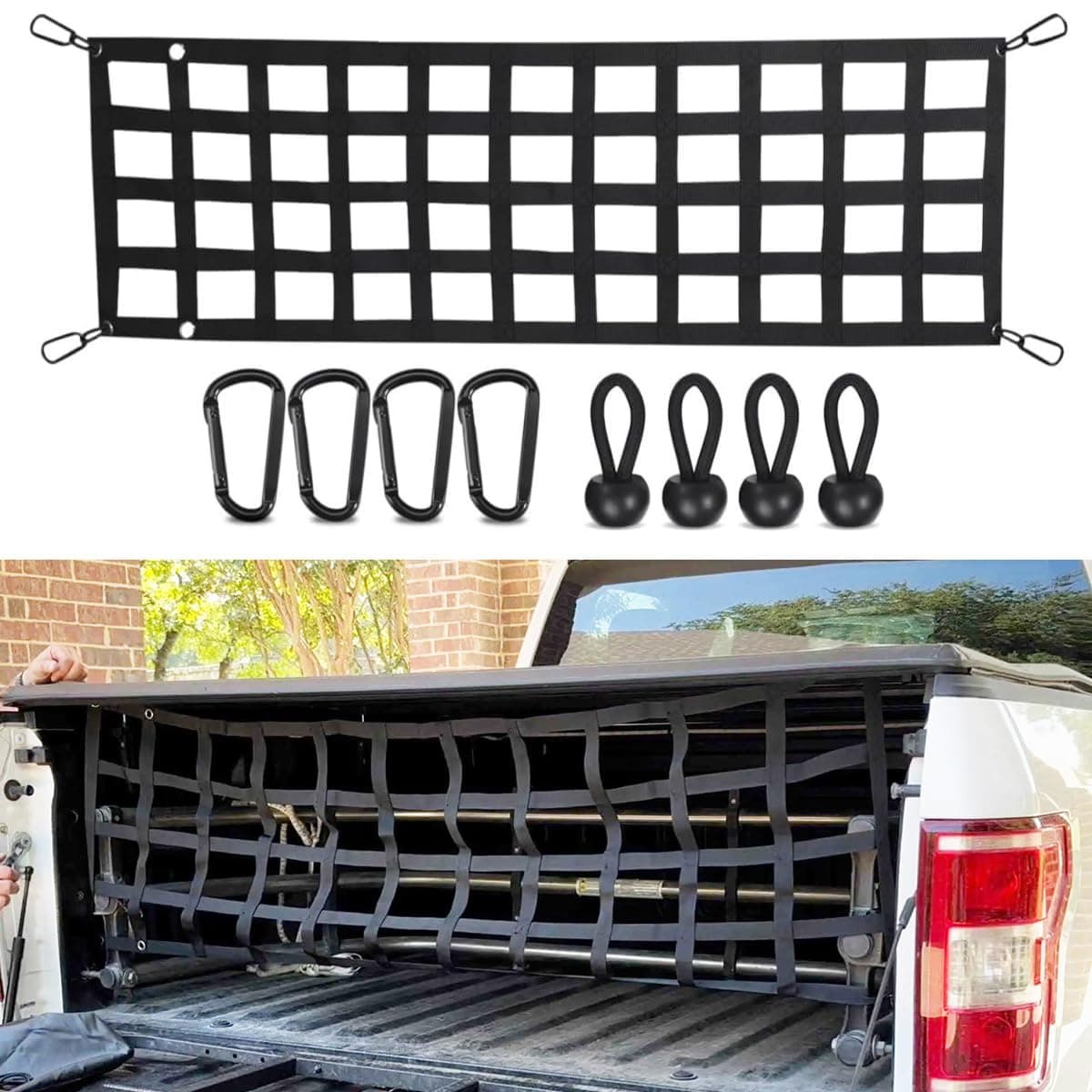 Tailgate Net for Trucks, UV-Resistant Polyester Adjustable Tailgate Cargo Net for Pick Up Truck Bed, Truck Bed Extender, Fits for Ford, Toyota, GMC, Dodge RAM, Jeep (60" x 18")