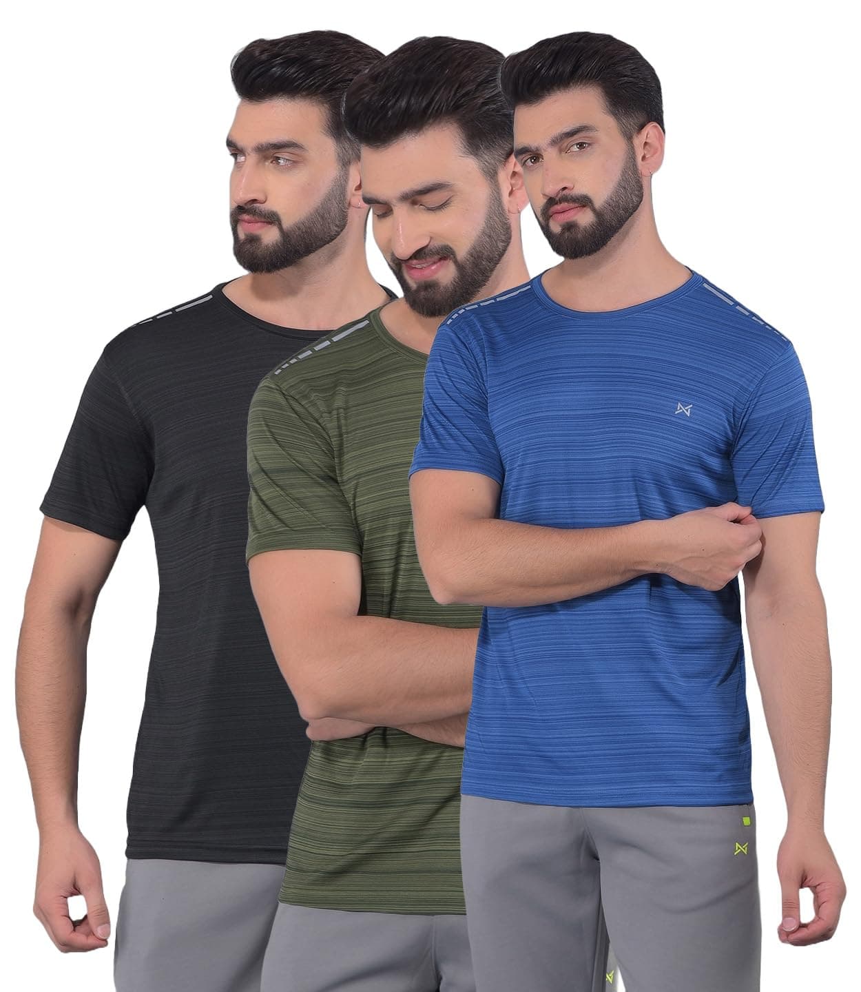 Force NXTMen's Solid Regular Fit T-Shirt (AC-1204-DNM-KOMGRN-BLK-PO3-L_Denim, Kombu Green, Black