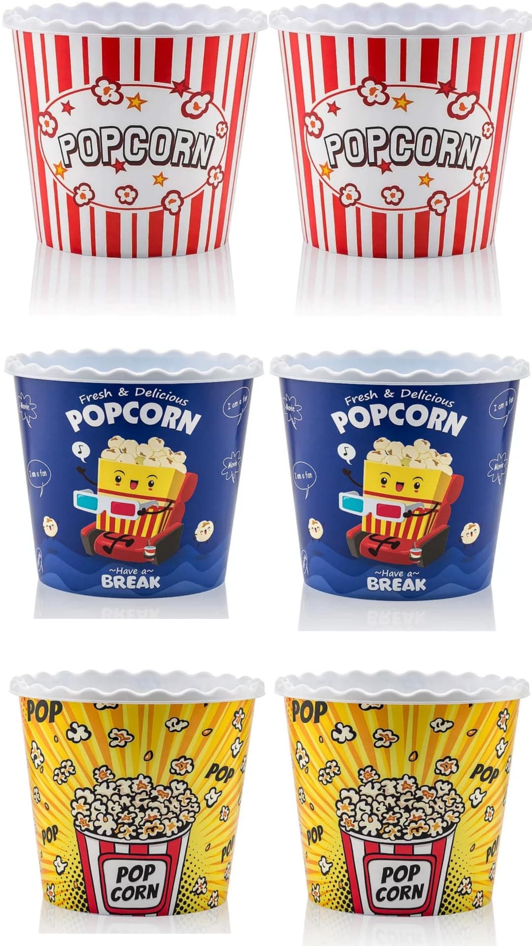 Modern Style Reusable Plastic Popcorn Box/Popcorn Containers/Popcorn Bowls Set for Movie Theater Night - (BPA Free - 6 Pack-75 oz) (6, MIX)
