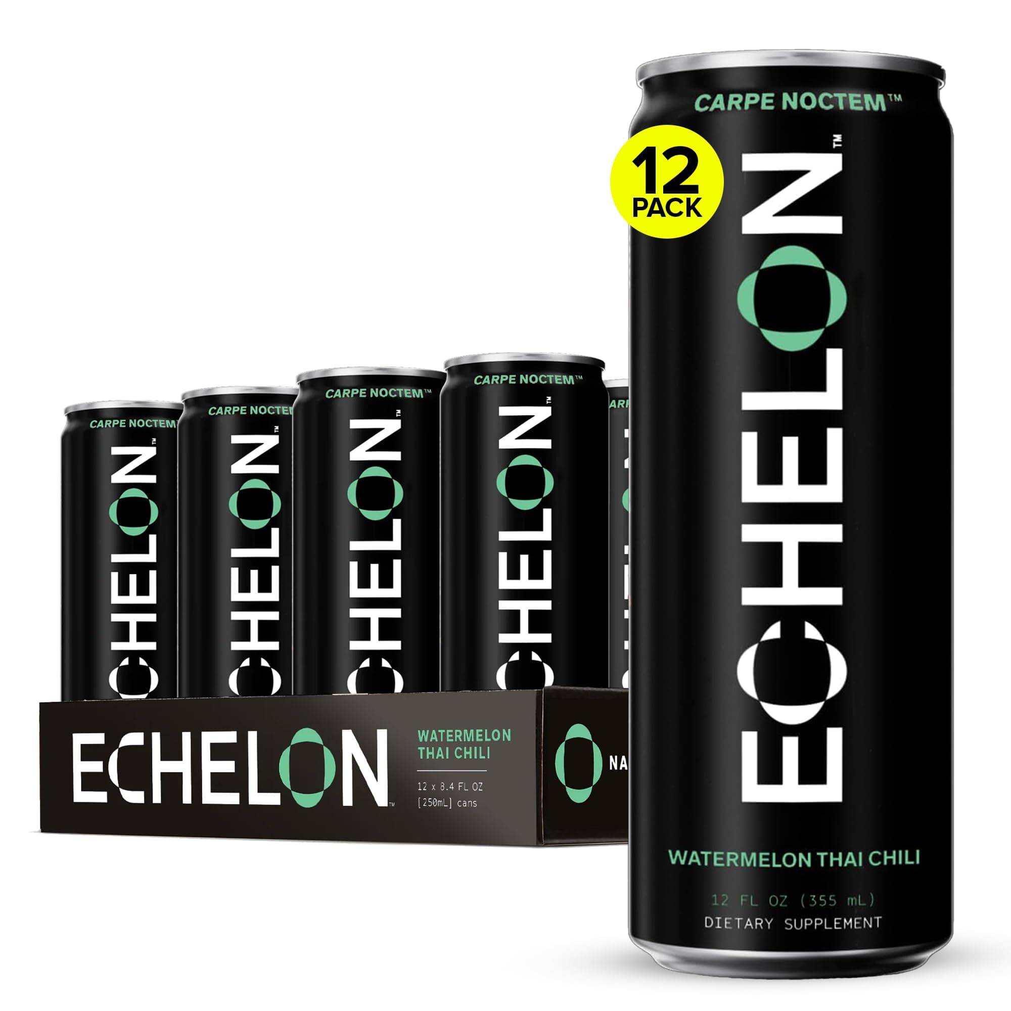 Echelon Pre-Workout Energy Drink | Watermelon Thai Chili | 12 Pack | Sustained Energy, Focus and Endurance Dietary Supplement | 300mg of Caffeine | Beta-Alanine, L-Theanine & Fiber | Vegan