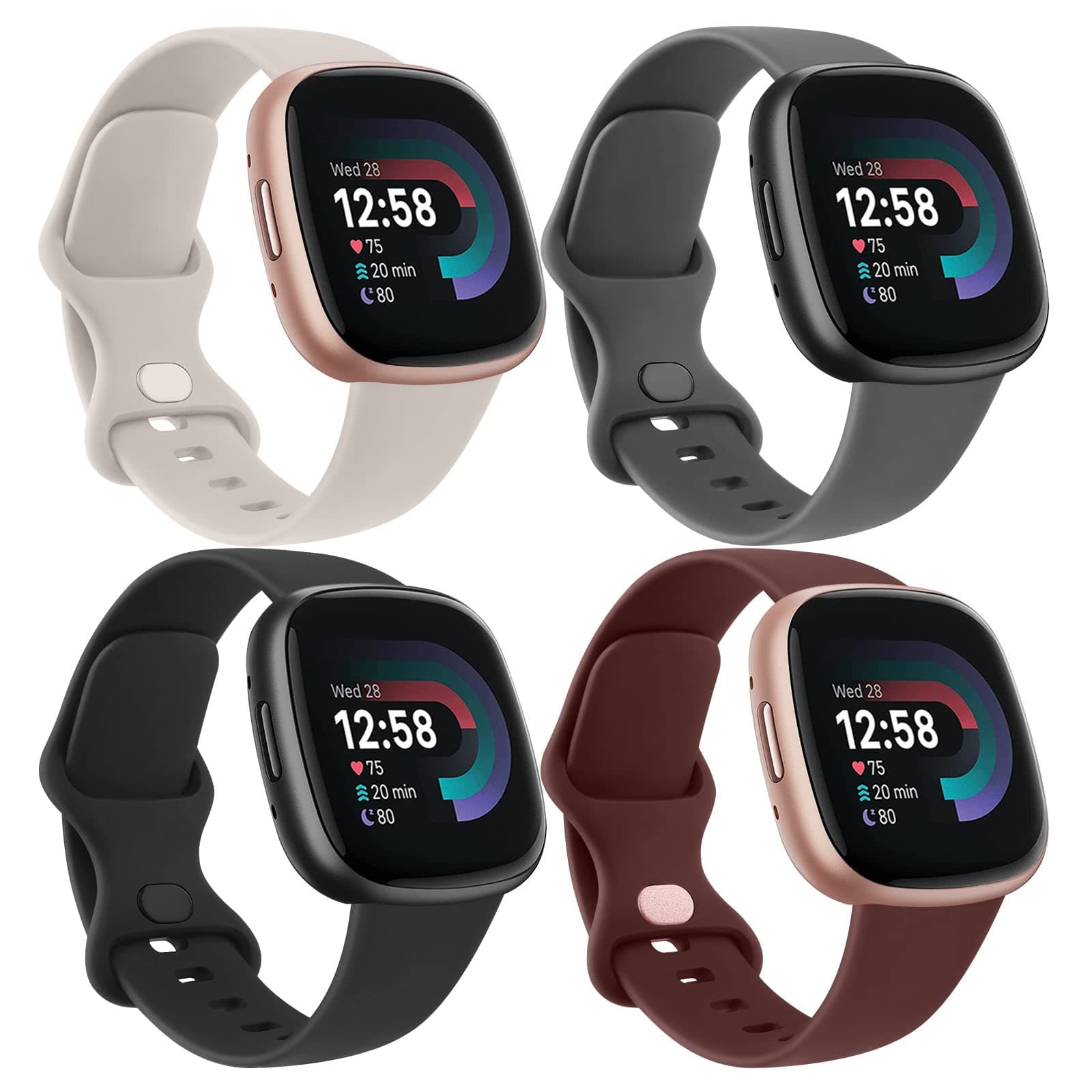 AK 4 Pack Straps Compatible with Fitbit Versa 3/4/Sense/Sense 2 - Soft Sport Watch Replacement Strap for Women & Men, Small/Large