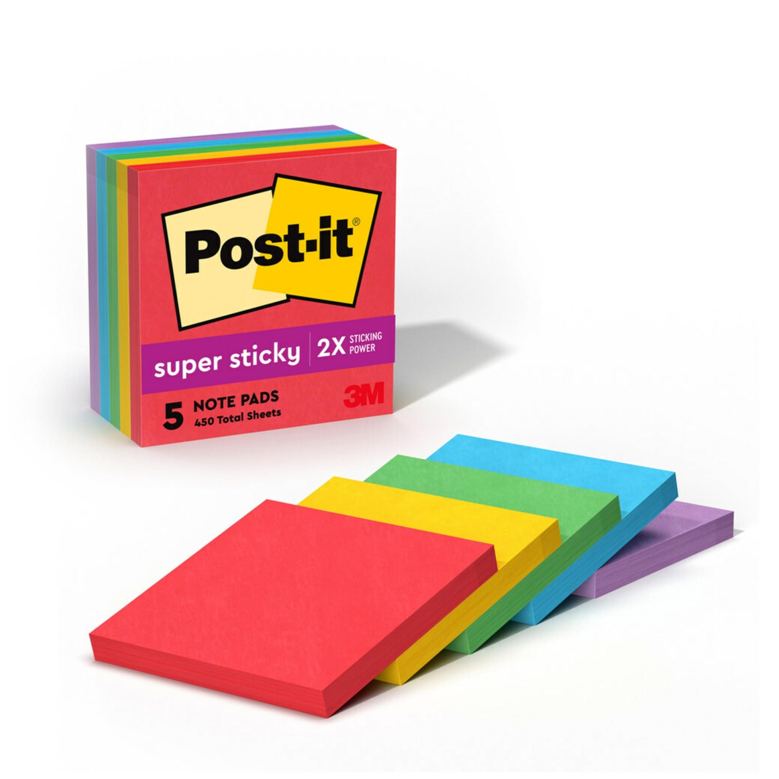 Super Sticky Notes, 5 Sticky Note Pads, 3 x 3 in., School Supplies and Office Products, Ideal for Textbooks, Notebooks, Walls and Vertical Surfaces, Playful Primaries Collection