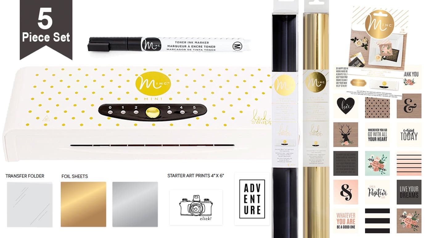 Heidi Swapp Minc Foil Applicator Mini 6 inch Machine Starter Bundle with Black and Gold foil, Card Set (18 pc), Toner Pen, Transfer Folder - for Paper Crafting, Laminating, and Decorating