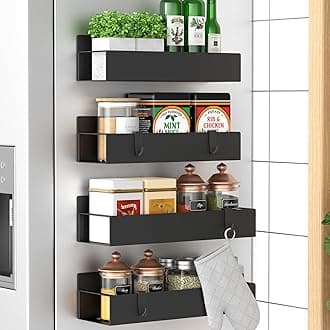 HuggieGems Metal 4 Pack Magnetic Spice Storage Rack Organizer for Refrigerator and Oven, Black Fridge Organizers and Storage