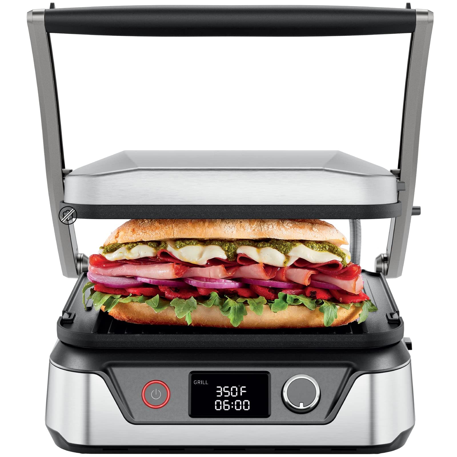 5-in-1 Digital Panini Press Grill Sandwich Maker and Griddle Grill Combo with Removable, Reversible Dishwasher-Safe Grilling Plates, Opens 180° for Indoor BBQ /Flat Top Grill, Stainless steel