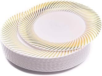 MATANA 60 Premium White Plastic Dessert Plates with Gold Rim, 18cm / 7 Inch - Elegant & Reusable Small Side Plates, Starter Plates for Weddings, Birthdays, Picnic, BBQ, Parties