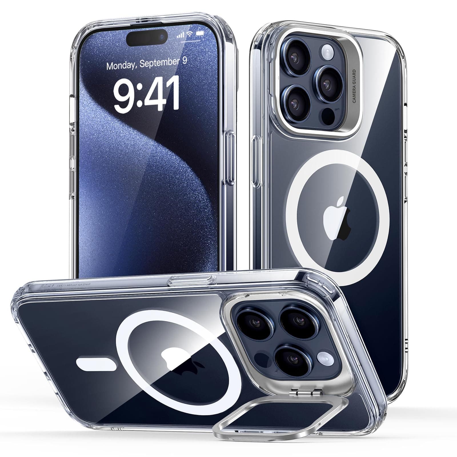 ESR for iPhone 15 Pro Max Case Cover, Compatible with MagSafe, Built-in Stash Stand Phone Case, Military-Grade Protective Case, Scratch-Resistant Back Cover, Classic Series, Clear