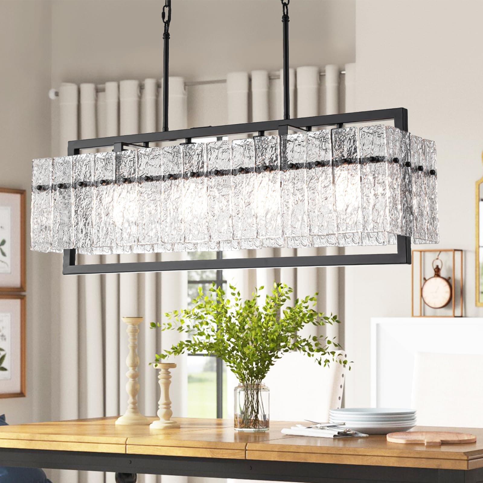 Modern Large Rectangle Chandeliers for Dining Room, 4 Lights Black Crystal Kitchen Island Lighting with Water Ripple Glass, Linear Farmhouse Pendant Light Fixture Over Table UL Listed