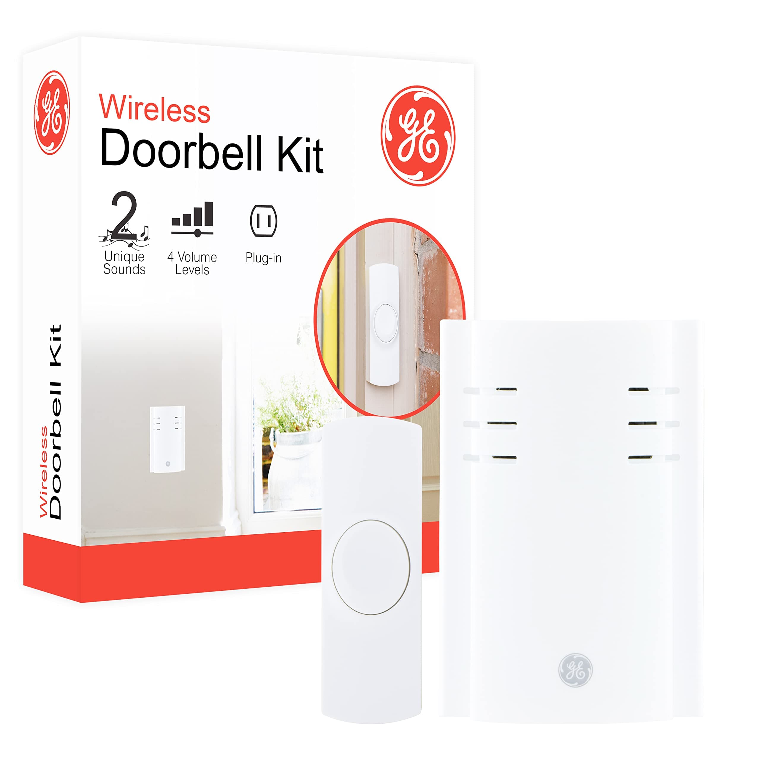 GE Wireless Doorbell Kit, Plug-In Receiver, 1 Push Buttons Door Bell, 2 Melodies Doorbell Chime, 4 Volume Levels, Classroom Doorbell, 150 Ft Range, White, 19298