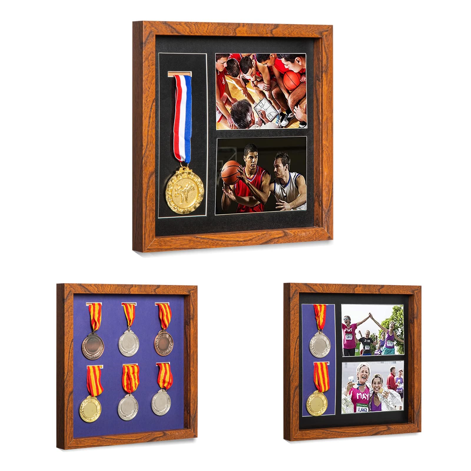 IHEIPYE Medal Display Shadow Box - Single Medal Display case - Perfect Medal Display for Runners, Marathon, Race Winner,Soccer, Gymnastics & All Sports Walnut,12x12