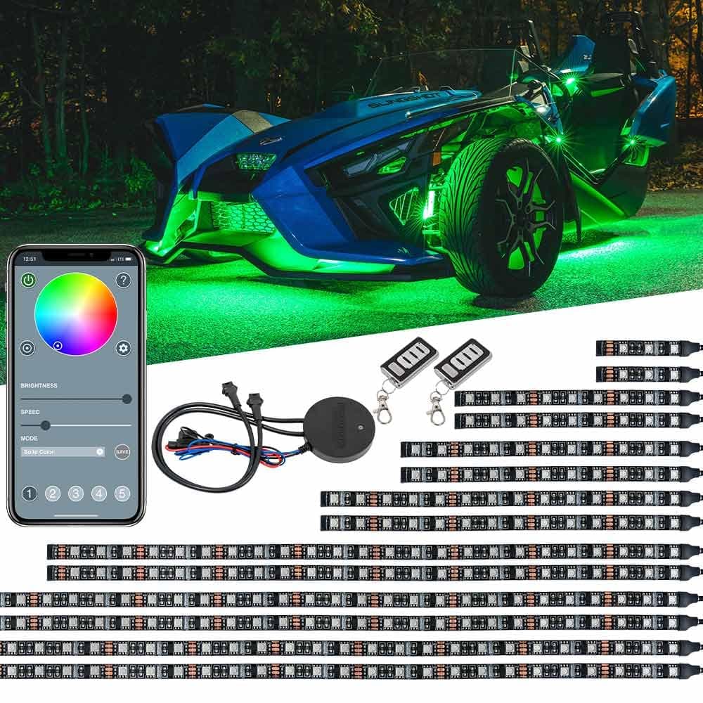 LEDGlow 20pc Bluetooth Advanced Million Color LED Neon Underlow Lighting Kit Fits Polaris Slingshot - Motorcycle Smartphone App - Automatic Brake Lights - Waterproof Control Box - Flexible Strips