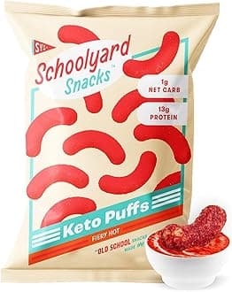 Schoolyard Keto (Fiery Hot) Protein Puffs - Low Carb, Low Sugar, 14g Protein, Gluten Free, High Protein Snack - Healthy, Diabetic Friendly, Low Calorie for kids and Adults | USA Made, (12 Pack)
