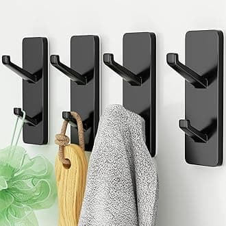 Self Adhesive Coat Hooks for Hanging: Heavy Duty Stainless Wall Hook for Towel, Backpack, Hat, Sturdy Metal Hanger for Bathroom, Bedroom, Door, Dorm, 4-Pack, Matt Black