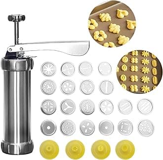 Kisbeibi 25pcs Press Set With 20 Cookie Discs and 4 Nozzles, Aluminum Alloy Biscuit Maker Tool for Home DIY and Decoration (Silver/Yellow)