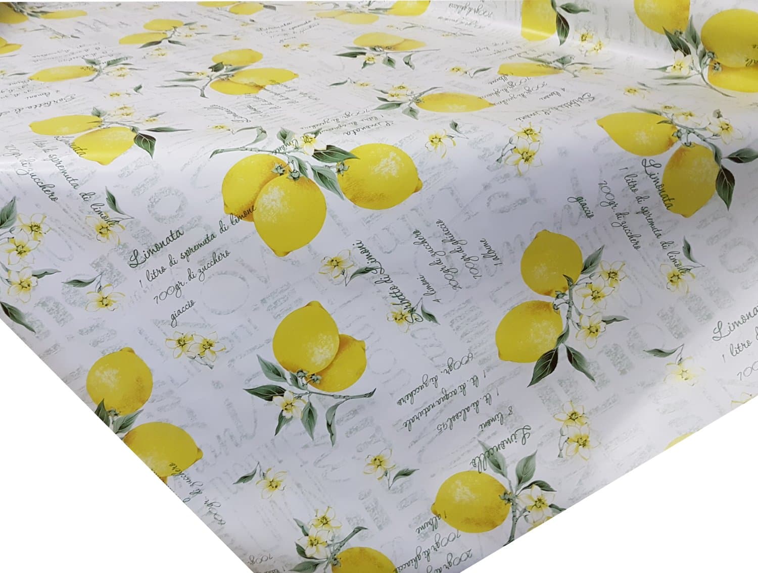 PVC Tablecloth Lemon Script 1.5 Metres (150cm x 140cm), Citrus Fruit Flower Leaves Italian Text Recipe Lemonade Sorbet, Yellow Green Off White Cream, Wipe Clean, Vinyl / Plastic Table Cloth