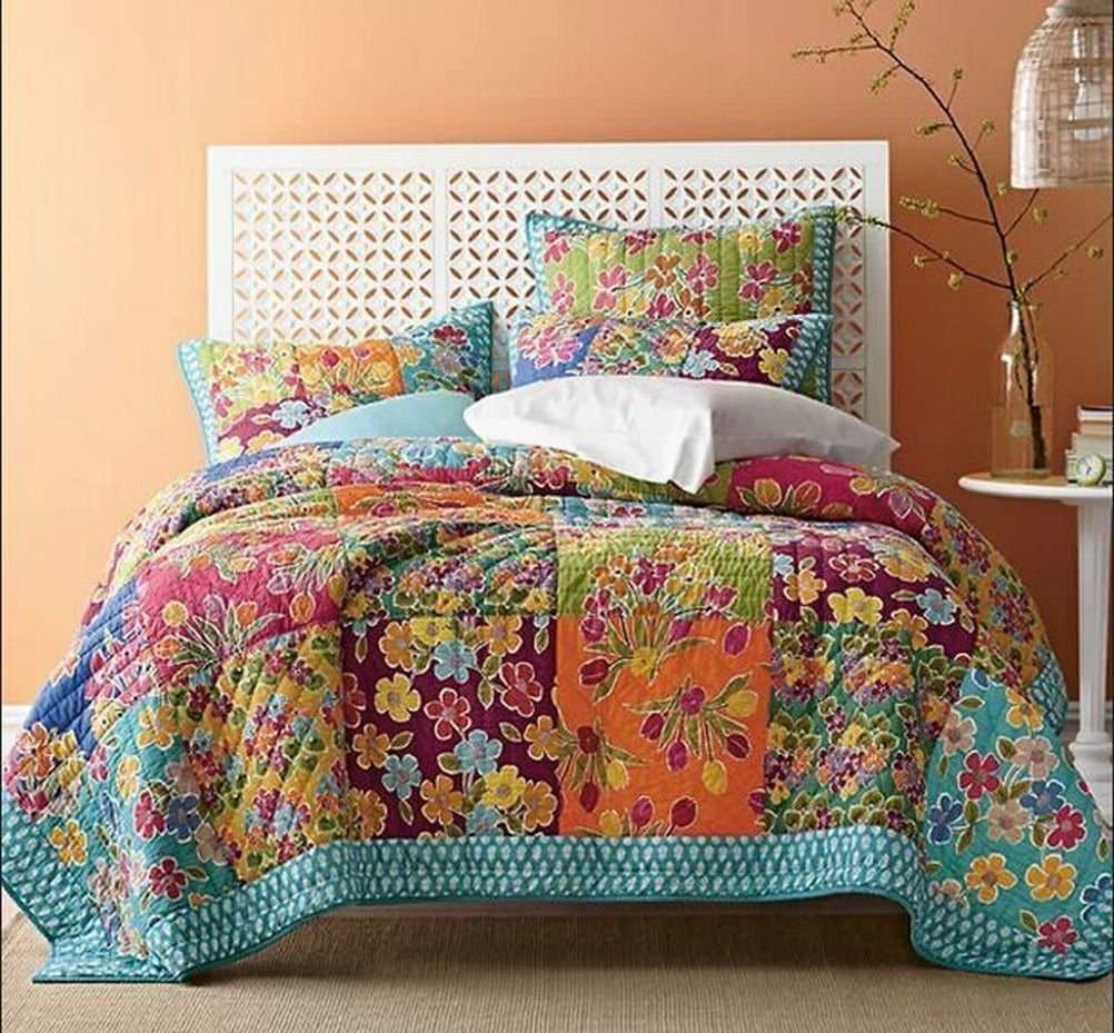 Art Deco Design Handmade Patchwork 100% Cotton 3-Piece Quilt Set King Exotic Colors