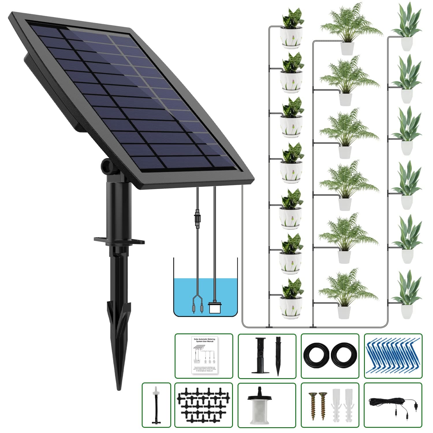 JIYANG Solar Automatic Drip Irrigation Kit System, Solar Irrigation System, Garden Plant Sprinkler, Automatic Sprinkler System with 64 Feet Hose Greenhouse Irrigation System with Anti-Siphon Device