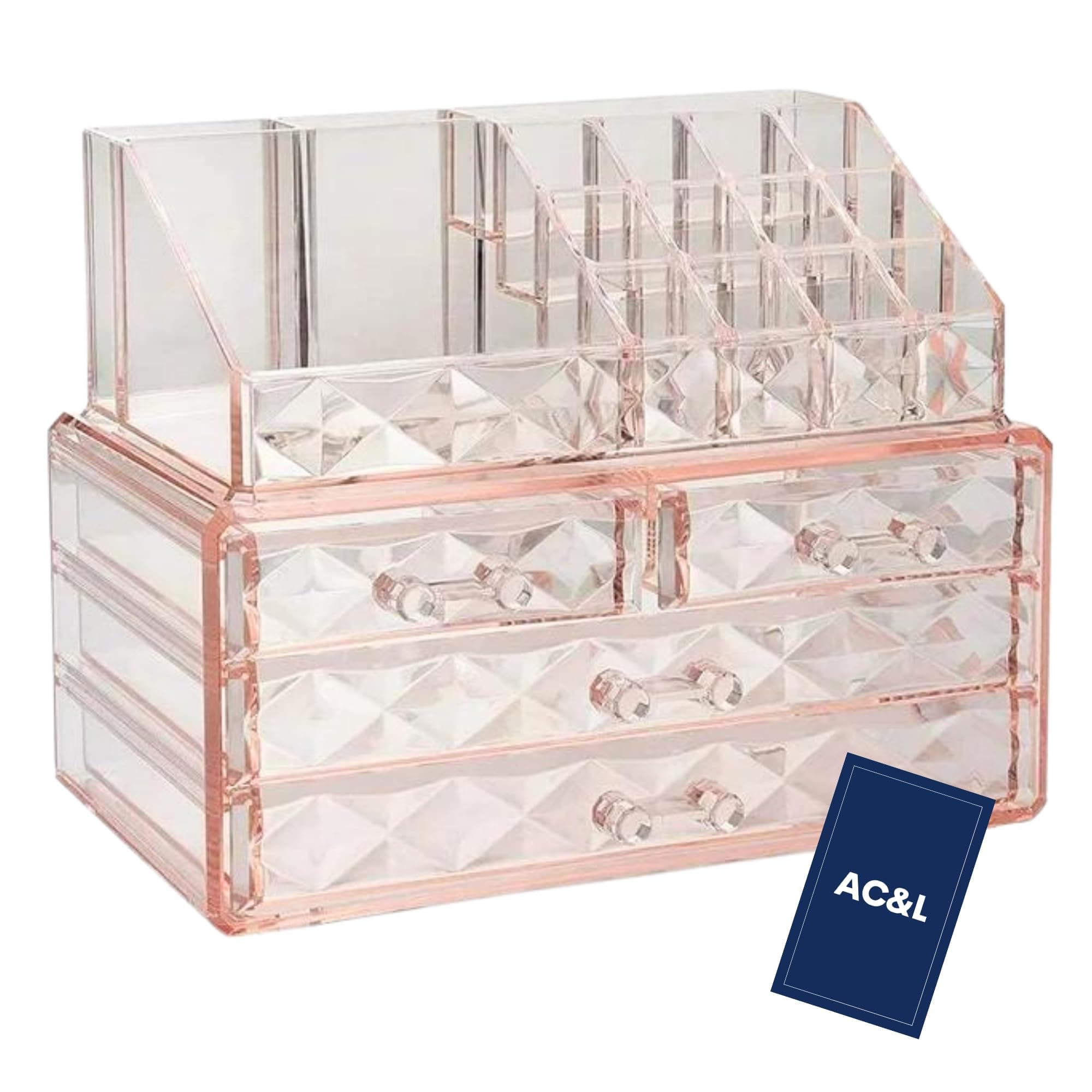 AC&L Makeup Organizer, Cosmetic Storage Display Box With 4 Drawers For Make Up, Brushes, Perfumes, Skincare All In One, Acrylic Organizer Ideal For Vanity, Dresser, Bathroom For Girls & women (Pink)