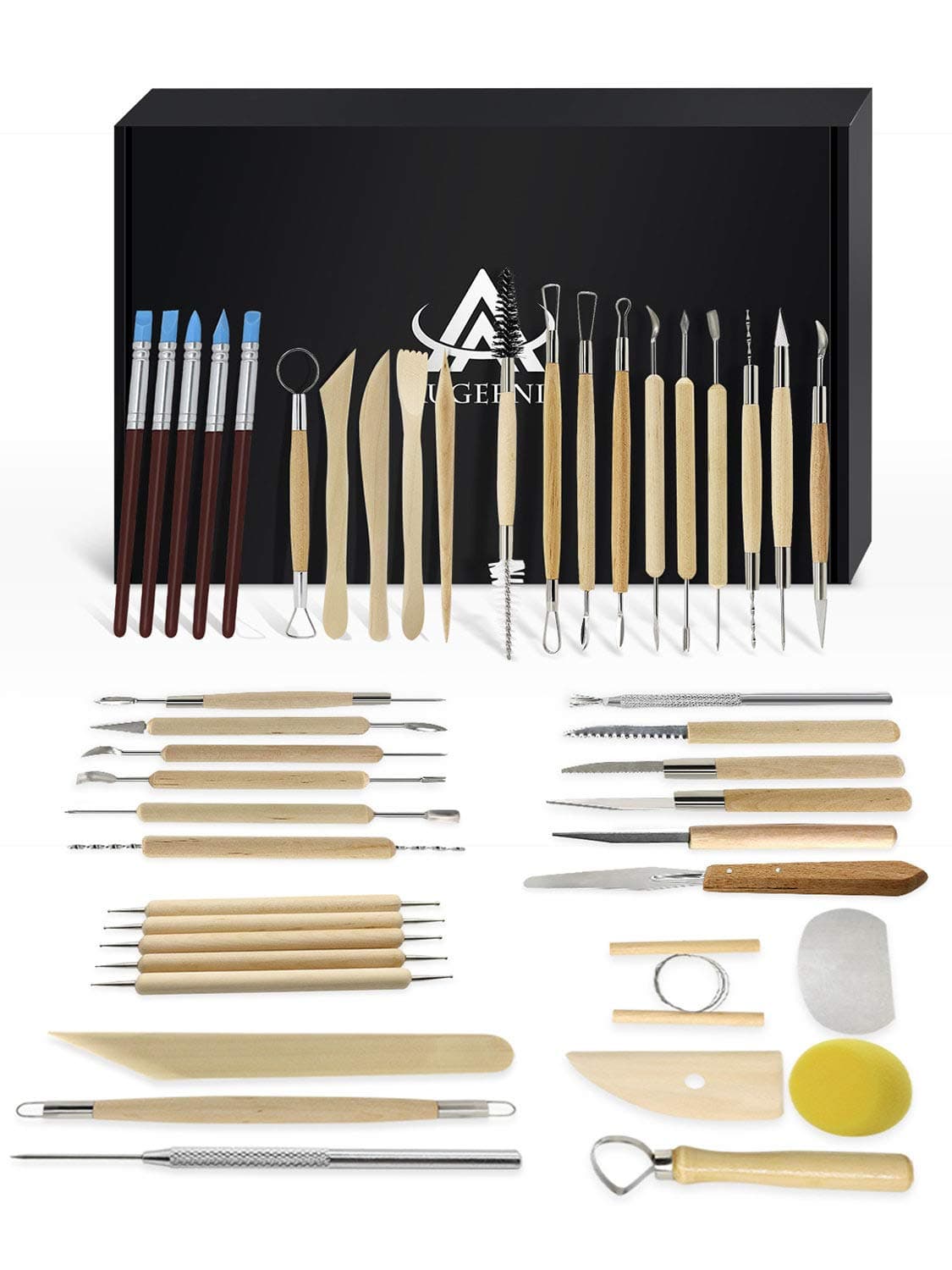Augernis Ceramic Clay Tools, 45Pcs Pottery Sculpting Tools Set with Wooden Handles for Pottery Modeling, Smoothing, Carving, Beginners Kid's After Classes Club