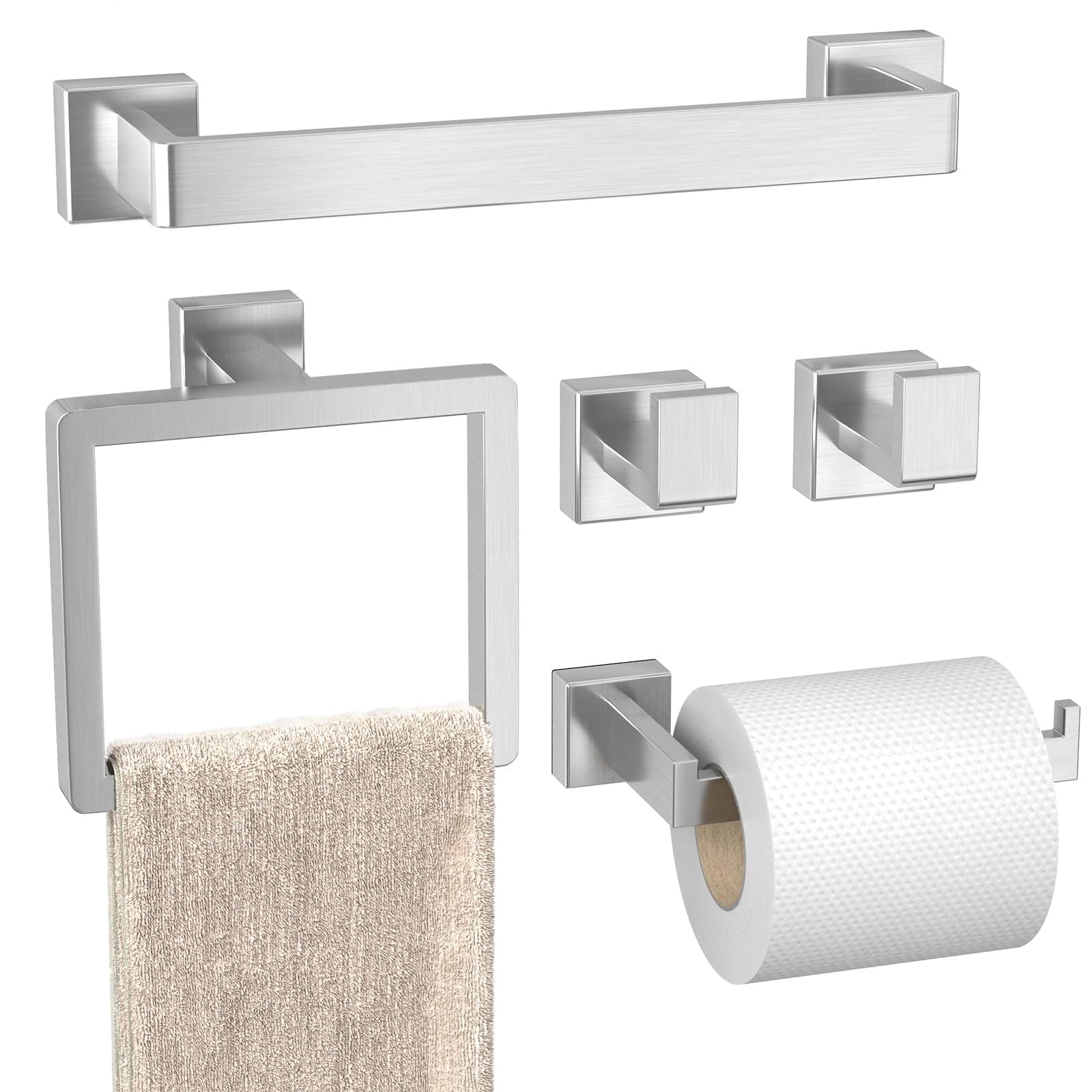 PAHSFS Bathroom Hardware Set Brushed Silver 5-Pieces Bathroom Towel Rack SUS304 Stainless Steel Bath Towel Bar Set, Towel Racks Wall Mounted.