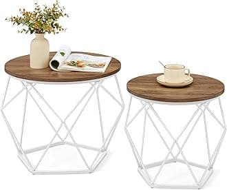 VASAGLE Round Coffee Table, Set of 2, Side Table, Sofa End, Modern Style, Removable Top, Steel Frame, for Living Room, Honey Brown and Cloud White LET040K41