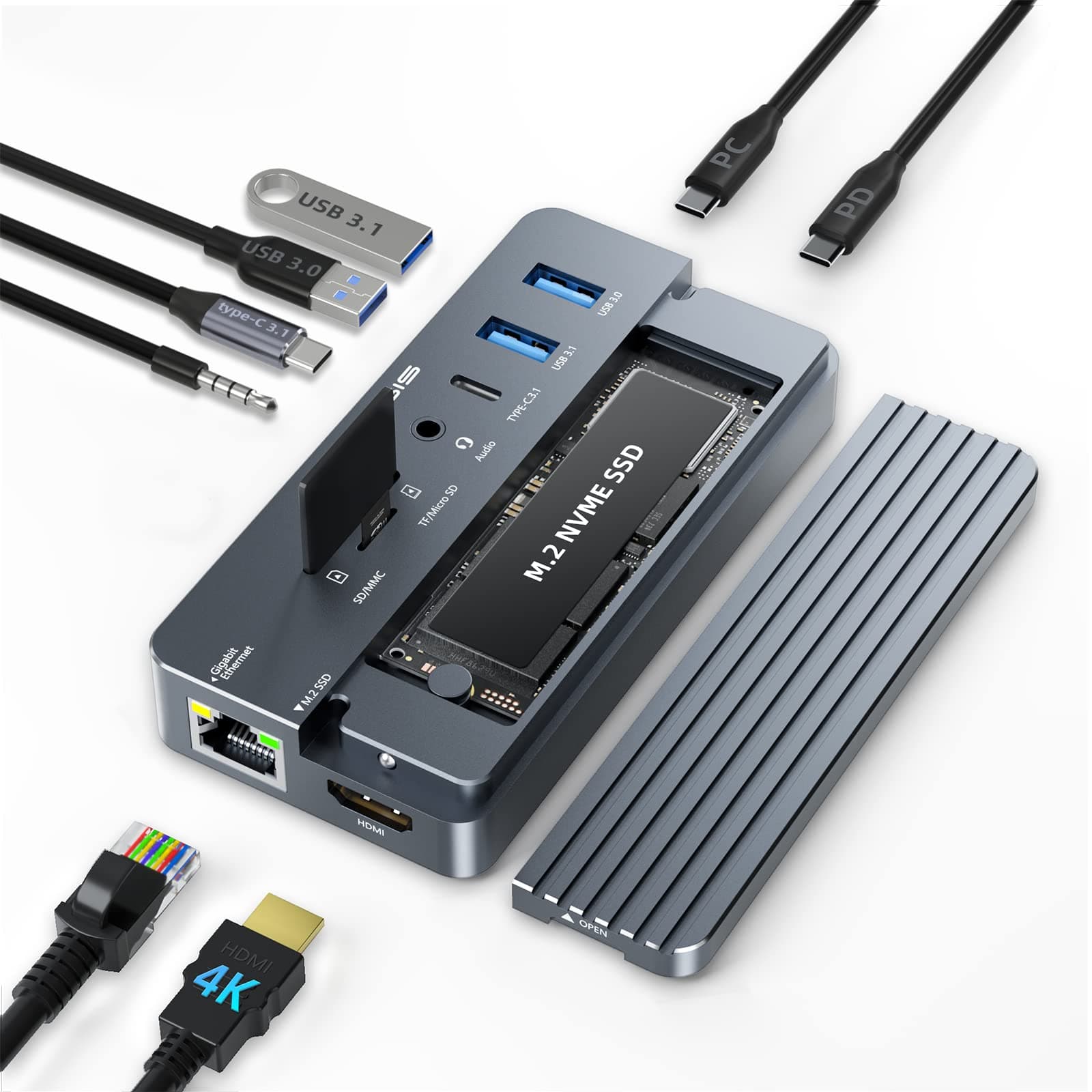 10-in-1 USB-C Hub with SSD Enclosure, 10Gbps M.2 NVMe Enclosure, 4K 60Hz HDMI Port, USB A 3.1 Port, 100 W Power Delivery, Aluminum Alloy USB C 3.1 Enclosure for M.2 PCIe NVMe and SATA SSD