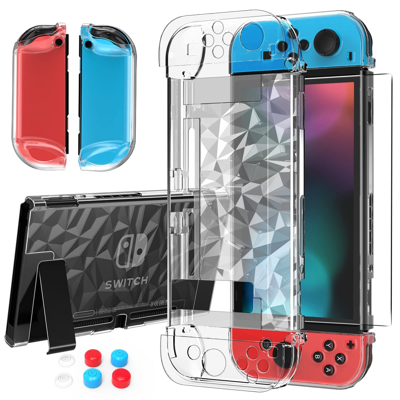 HEYSTOP Case Compatible with Nintendo Switch with Protective Film, Transparent Case for Nintendo Switch with Switch Protective Film and Grip Cover, Shock Absorption and AntiScratch