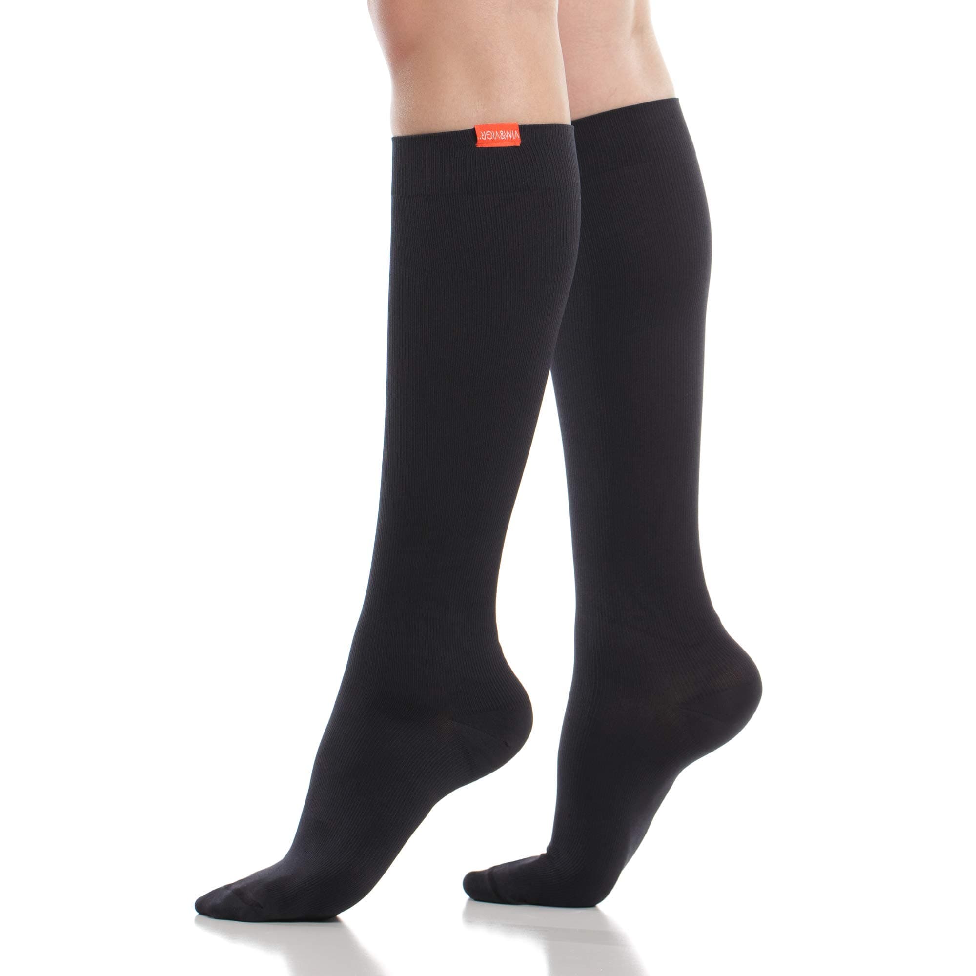 VIM & VIGR 30-40 mmHg Medical Grade Compression Socks for Women & Men (Black Solid Moisture Wick Nylon, Small/Medium Wide Calf (4))