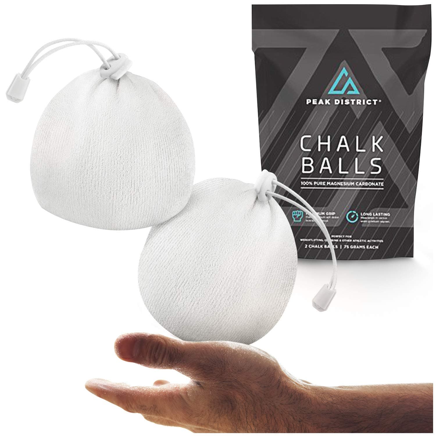 PEAK DISTRICT Magnesium Carbonate (2 Pack /75g ea) Athletic Chalk Ball, Stealth Powder for Rock Climbing, Lifting, Gymnastics, Bouldering, Gym, Tennis, Pool - Firm Hand Grip - 2.7 Ounce/Bulk 150 Gram