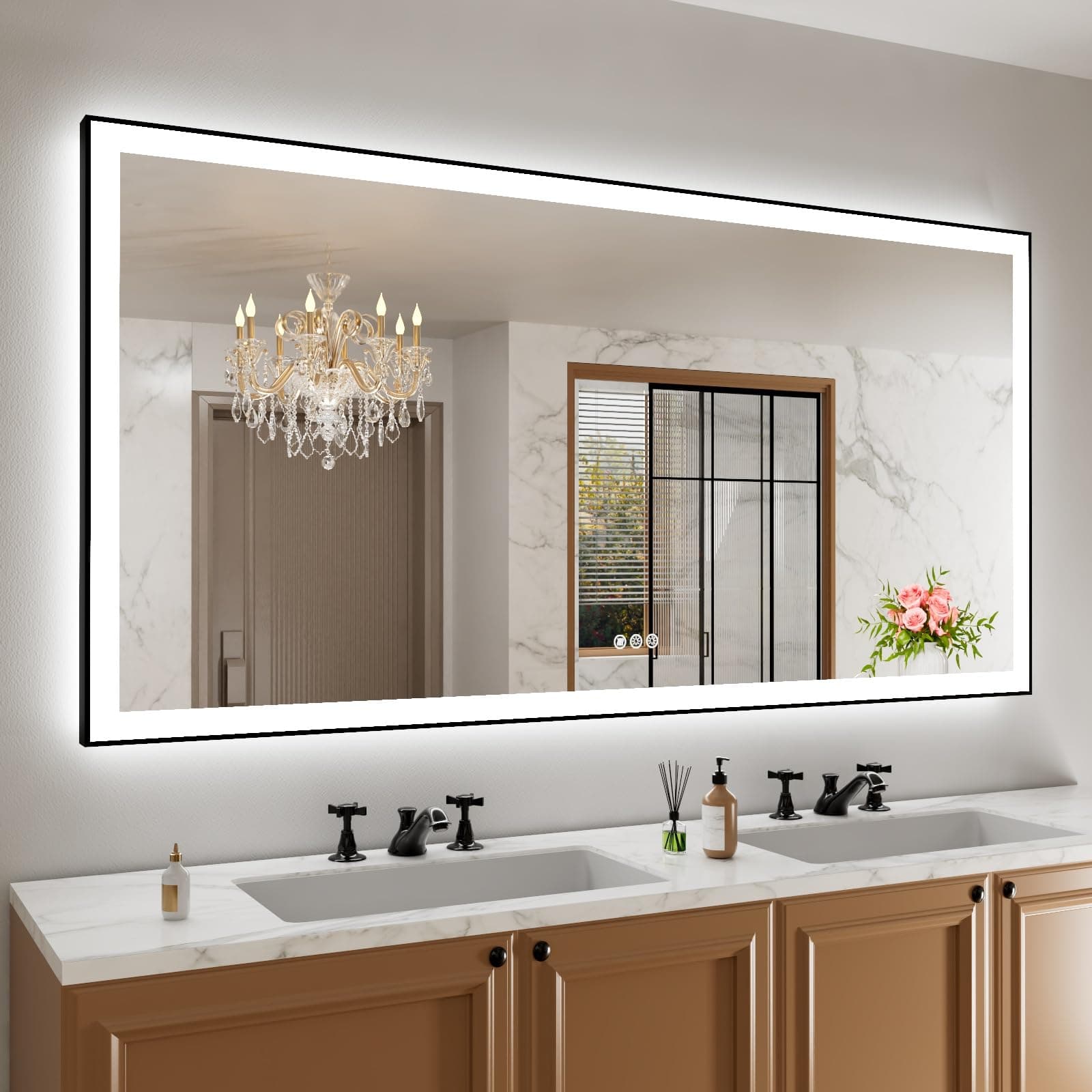 72"x 36" LED Bathroom Mirror with Black Frame, Front Light and Backlit(Controlled Separately), Stepless Dimmable, Anti-Fog, Shatter-Proof, 3 Colors, Memory