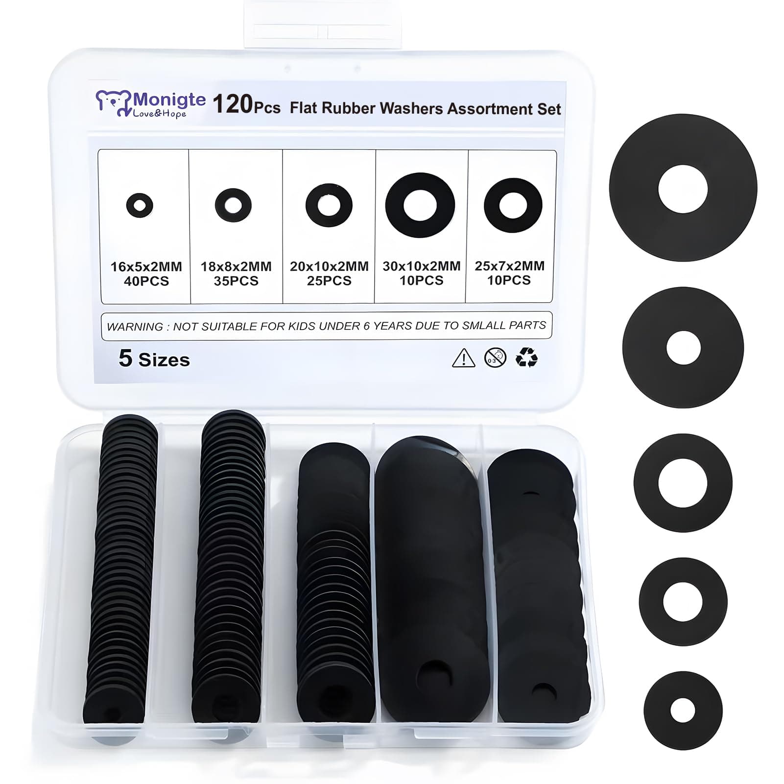 120Pcs Flat Rubber Washers Assortment Kit,16/18/20/25/30mm Black Washer,Vibration Absorbing Pads Sealing Rubber Washers for Faucets Garden Bolts Screws Hose Plumbing Shower Head- 5 Sizes