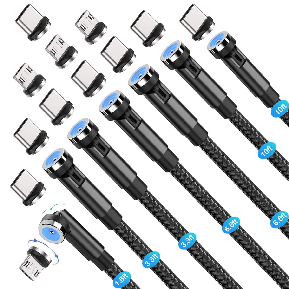 540° Rotation 3 in 1 Magnetic Charging Cable (7-Pack, 1.6ft/3.3ft/6.6ft/6.6ft/10ft/10ft, Magnet Phone Charger Compatible with Micro USB, Type C Device, black, (NEW-7PACK)