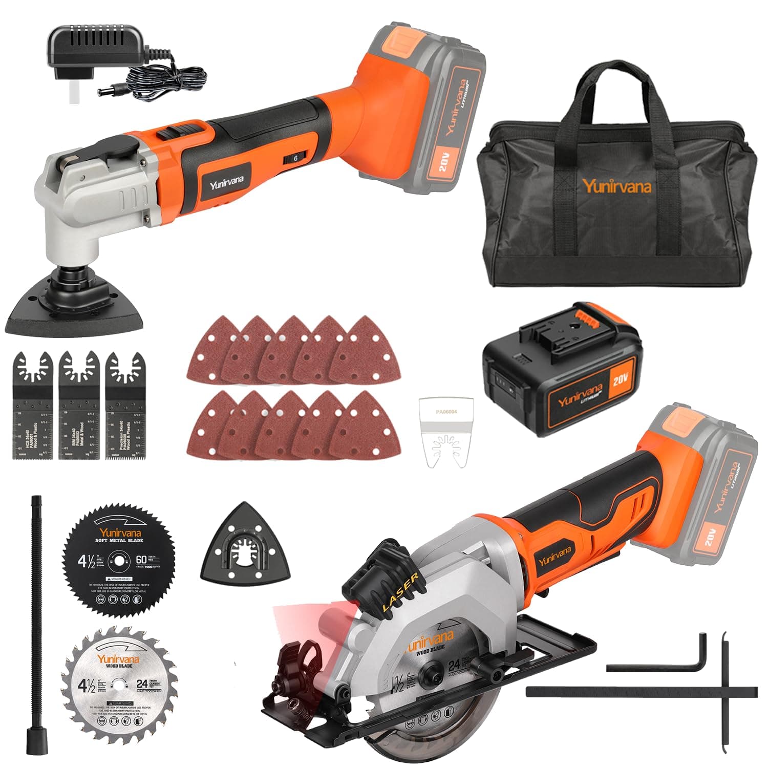 20V Max 4.0 Ah Li-ion Cordless Combo Kit,22000 OPM Oscillating Multi Tool with 3Pcs of Blades and 10pcs Sanding Papers,3400RPM Cordless Circular Saw with 2 pcs of Blades