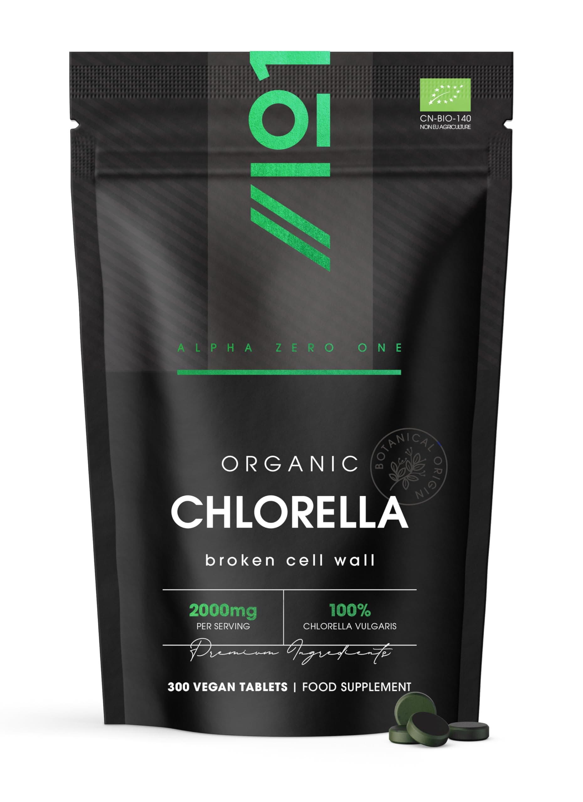 Organic Chlorella 2000mg – 300 Vegan Tablets – Broken Cell Wall – Pure Formula Supplement with no Additives – Resealable and Recyclable Pouch – By Alpha01