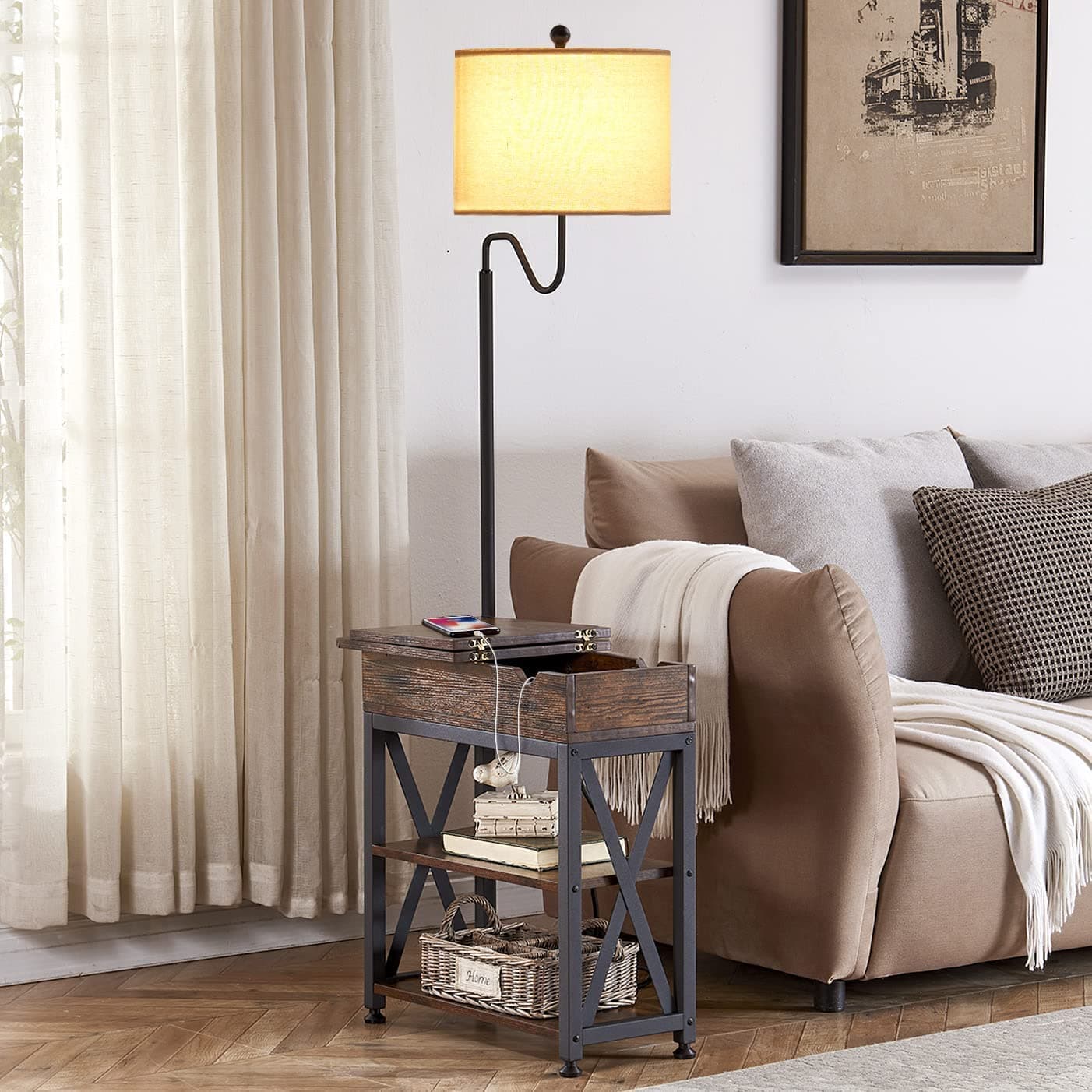 Dungoo Floor Lamp with Table, Narrow End Table with Lamp, Bedside Nightstand with USB & Type-C Ports and 2 Outlets, Rustic Side Table with Storage Shelf, Side Table with Lamp for Living Room Bedroom