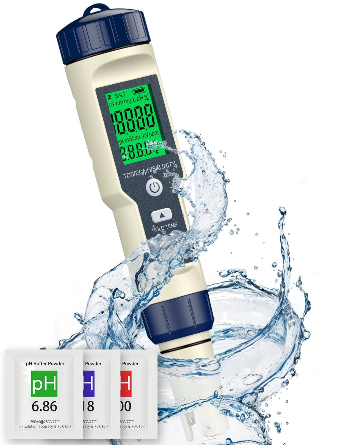Pawfly TDS Meter 5 in 1 Digital Water Tester, pH Salinity TDS EC & Temperature Meter with pH Buffer Powder, Water Quality Tester for Swimming Pool Drinking Water Aquarium Hot Tub Saltwater & Spa