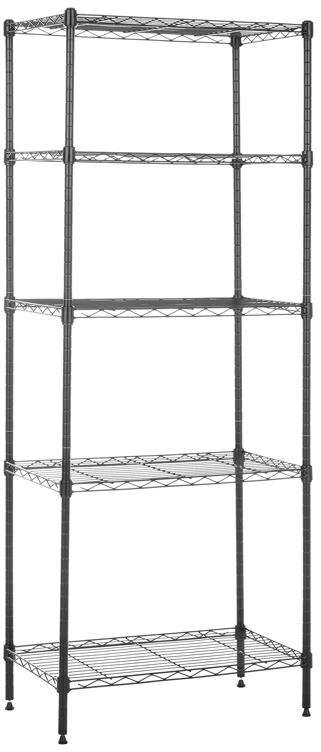 – Amazon Basics 5-Shelf Narrow Storage Unit With Height Adjustable Shelves & Levelling Feet, Black, 60.1cm x 35.6cm x 152.4cm, No Wheels