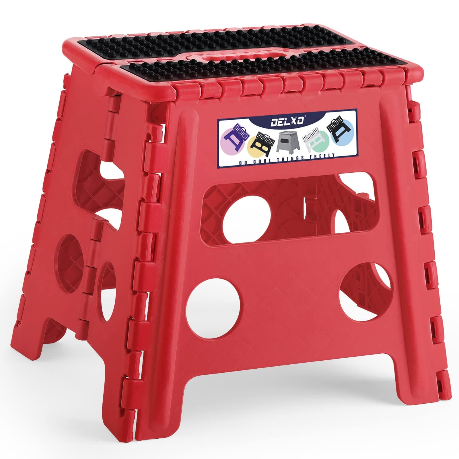 Delxo Folding Step Stool,Non-Slip Stool 13 inch Height Premium Heavy Duty Foldable Stool for Kids and Adults,Kitchen Garden Bathroom Steppingstool 1 Pack in Red,Dotted Texture