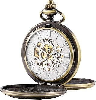 Men's Mechanical Skeleton Pocket Watch for Mens Women Blue Roman Numerals Dial Double Case Pocket Watches