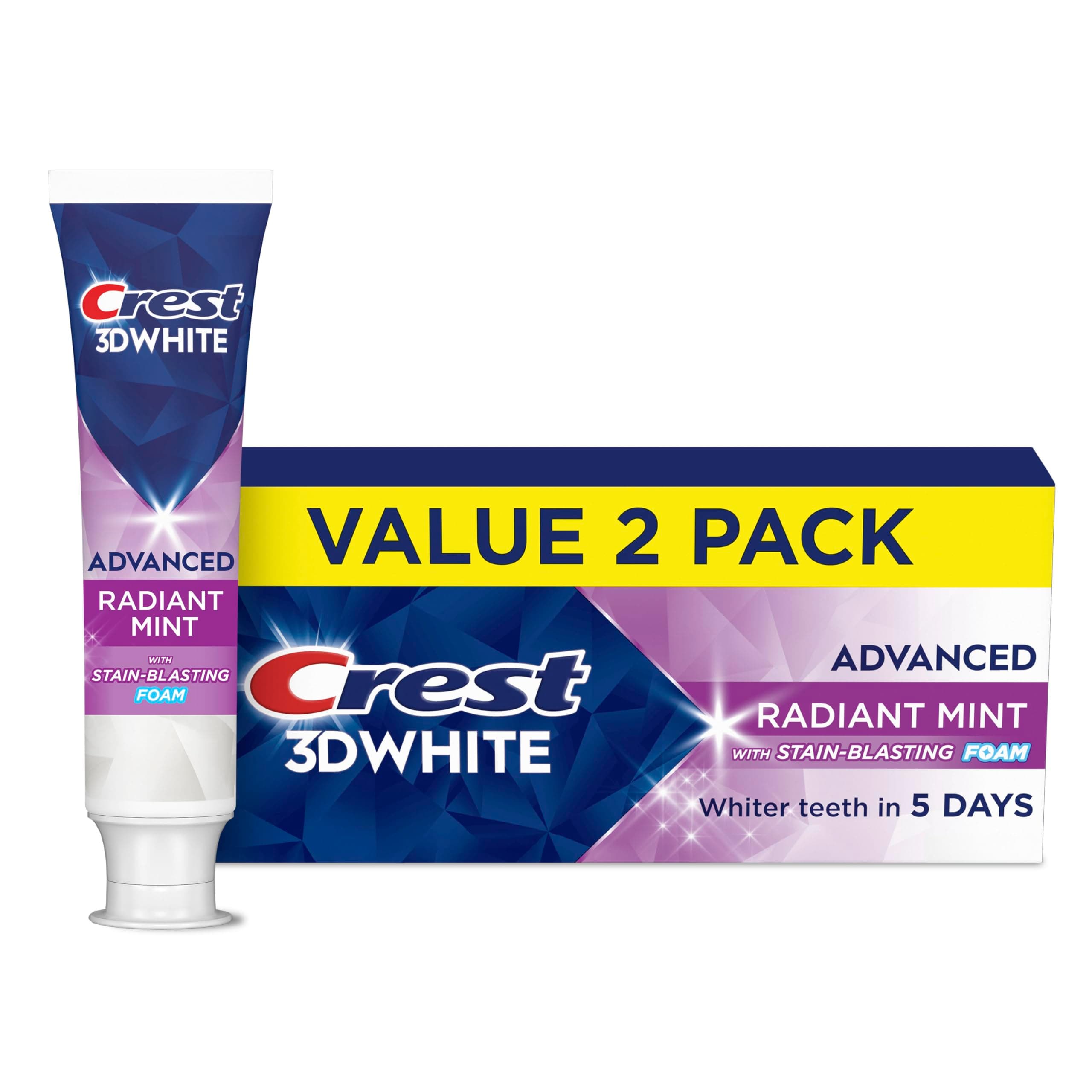 Crest 3D White Advanced Teeth Whitening Toothpaste, Radiant Mint, 3.3 oz, Pack of 2