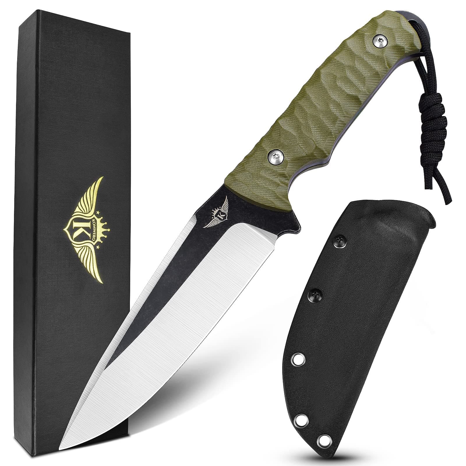 KOMWERO Fixed Blade Knife with Kydex Sheath, 4.52" Blade D2 Steel, Full Tang Knife with Green G10 Handle, Outdoor Hunting Camping Knives for Survival Hiking Bushcraft Fishing